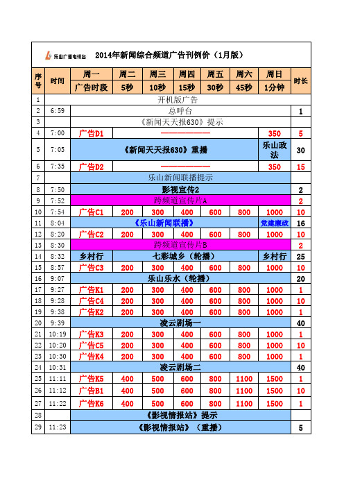 2014年乐山台广告刊例价(1月版)