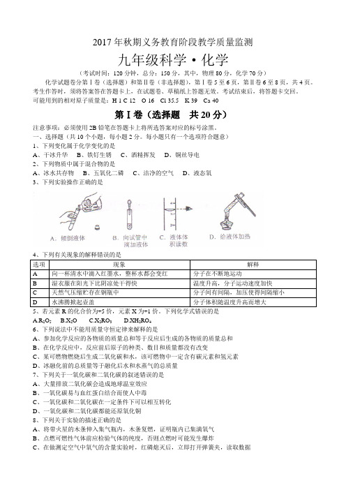 宜宾市2017年秋期教学质量监测化学试题