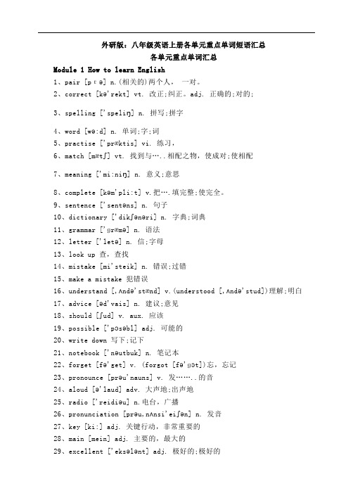 外研版：八年级英语上册各单元重点单词短语汇总