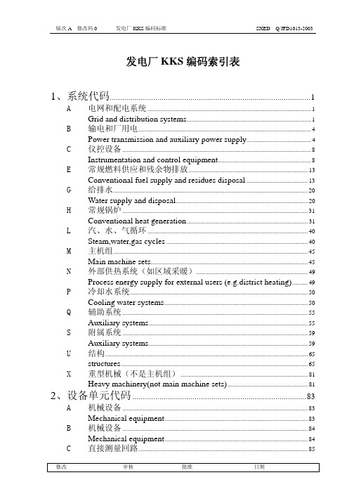 发电厂KKS 编码索引表