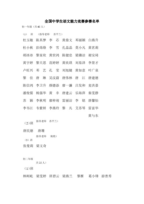 全国中学生语文能力竞赛参赛名单