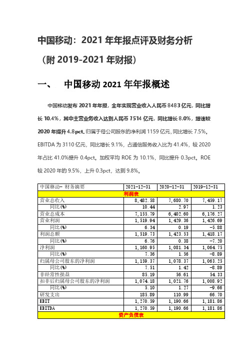 中国移动：2021年年报点评及财务分析(附2019-2021年财报)