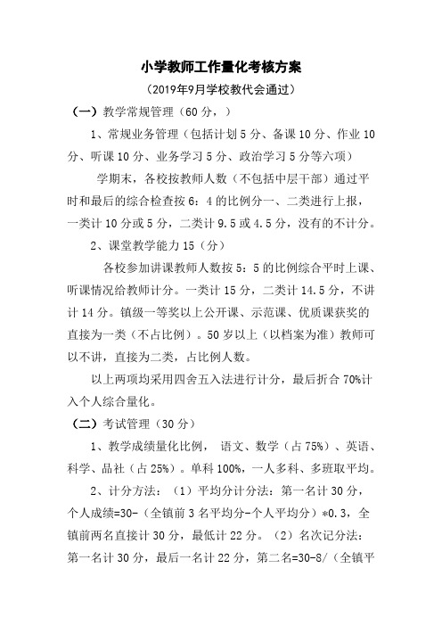 小学教师工作量化考核方案