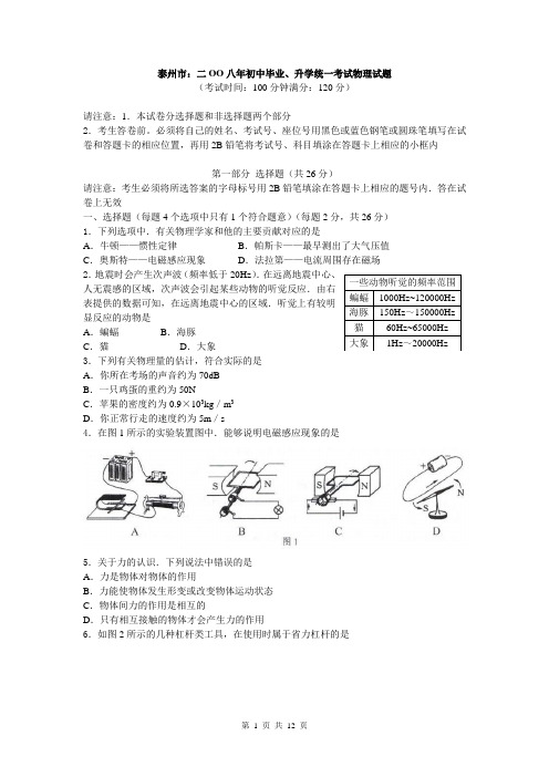 2008年江苏泰州市中考物理试卷及答案