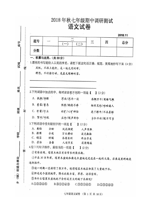 镇平县2018年秋期七年级语文期中试卷(pdf版,有答案)