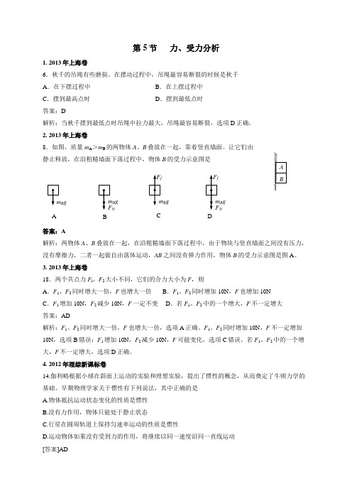 2011-2018年高考物理试卷分类汇编(Word版,含答案)：05力、受力分析