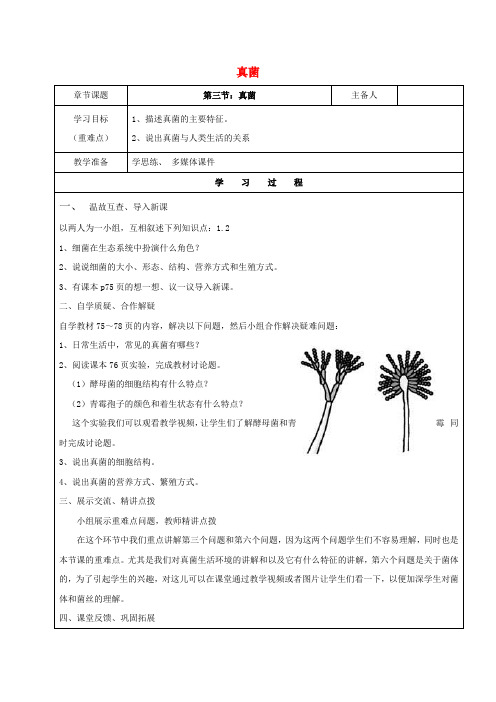八年级生物上册 第五单元 第四章 第三节 真菌教案 (新版)新人教版
