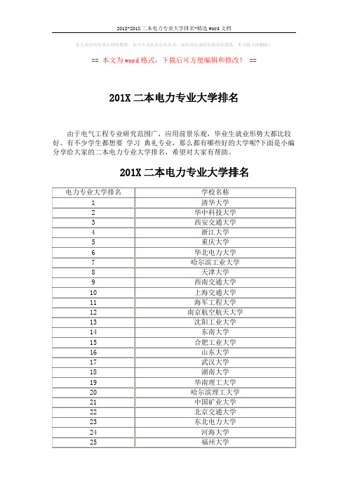 2018-201X二本电力专业大学排名-精选word文档 (5页)