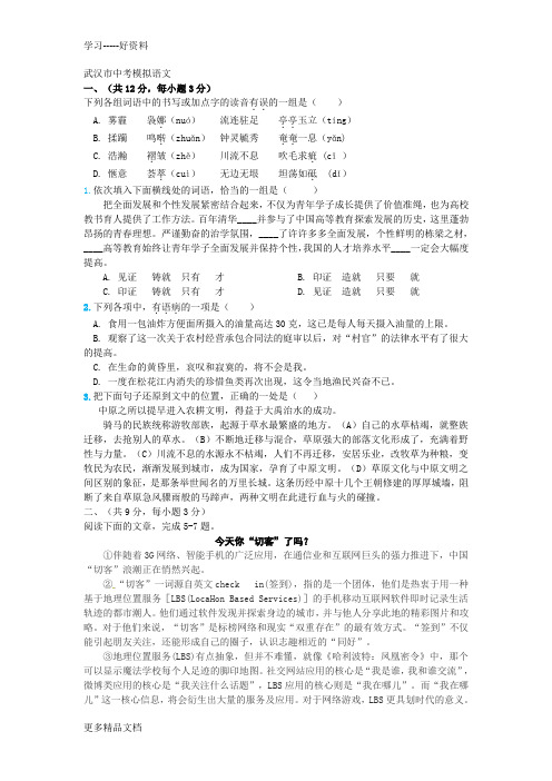 武汉市中考语文模拟试题汇编
