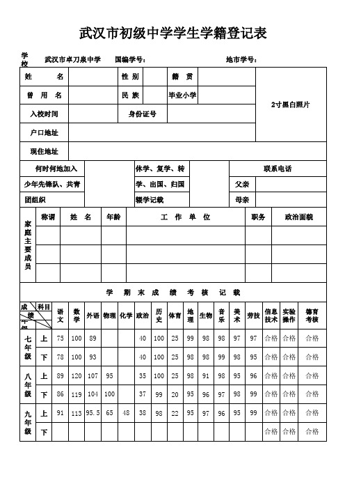 武汉市初级中学学生学籍档案(样表)