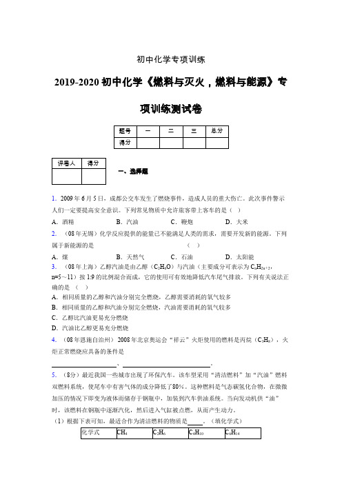 2019-2020学年初中化学《燃料与灭火,燃料与能源》专项训练模拟测试(含答案) (108)