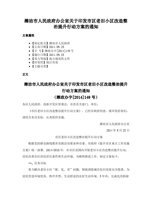 潍坊市人民政府办公室关于印发市区老旧小区改造整治提升行动方案的通知
