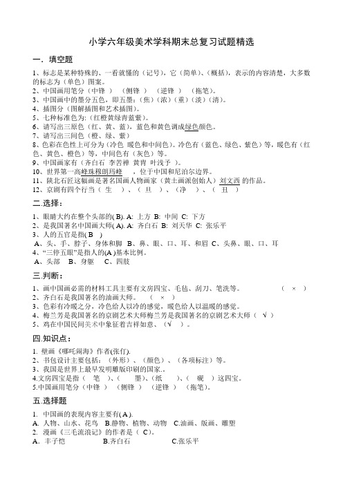 小学六年级美术学科期末总复习试题精选