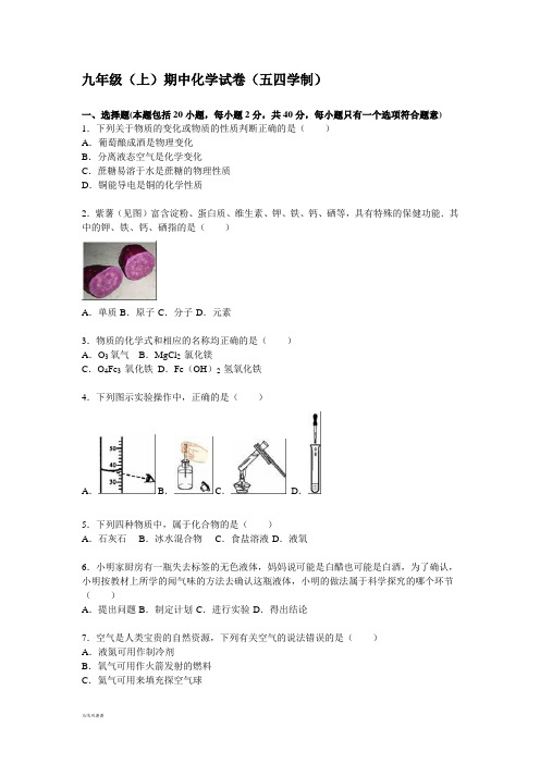 鲁教版化学九年级下册期中化学试卷(五四学制)【解析版】.docx