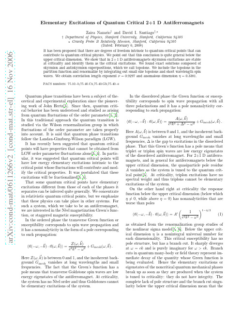 Elementary Excitations of Quantum Critical 2+1 D Antiferromagnets