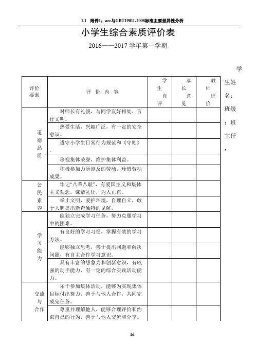 小学生综合素质评价表