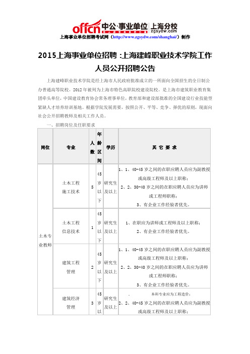2015上海事业单位招聘：上海建峰职业技术学院工作人员公开招聘公告