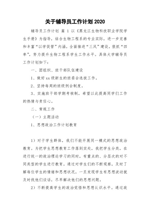 关于辅导员工作计划2020