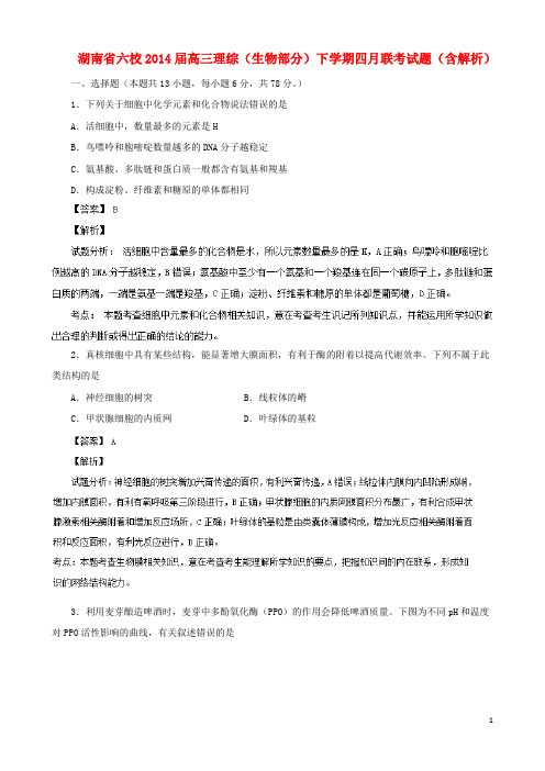 湖南省六校高三理综(生物部分)下学期四月联考试题(含