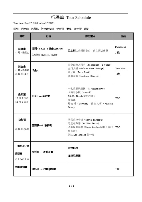 2019美国旅游行程单(中英文双语)