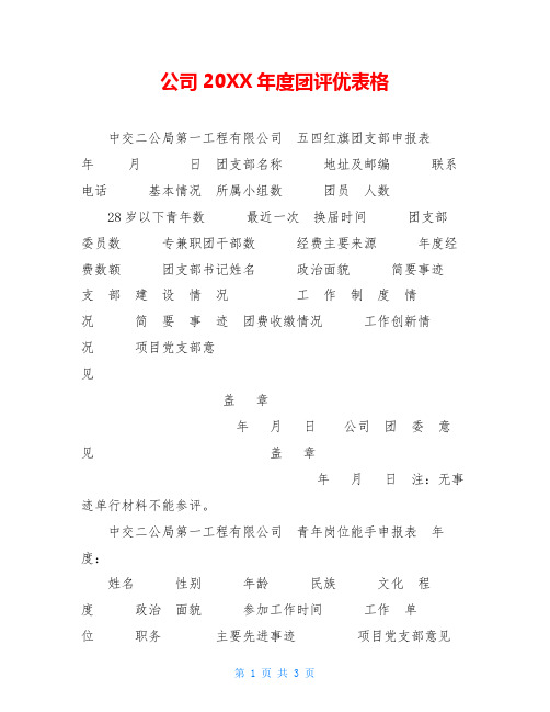 公司20XX年度团评优表格