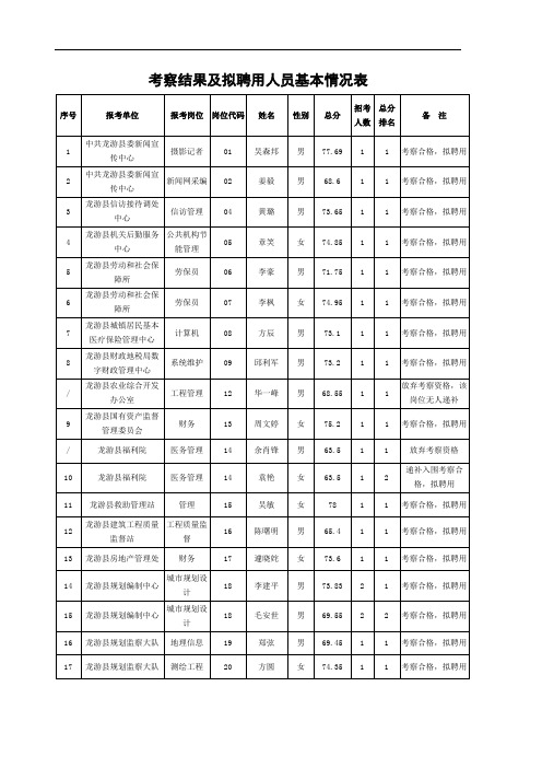 考察结果及拟聘用人员基本情况表