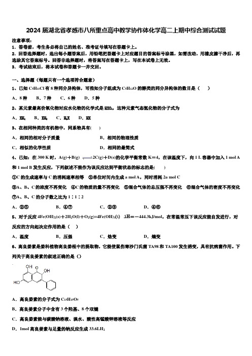 2024届湖北省孝感市八所重点高中教学协作体化学高二上期中综合测试试题含解析