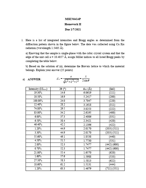中科大晶体学与材料结构表征第2次作业参考答案