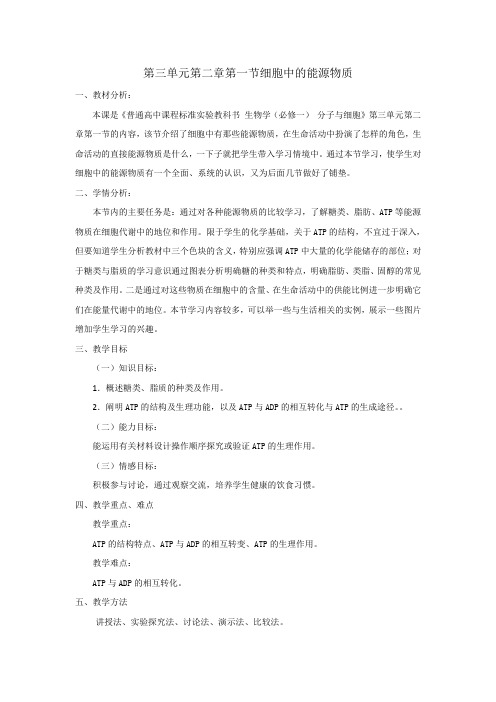 中图版必修一 细胞中的能源物质 教案