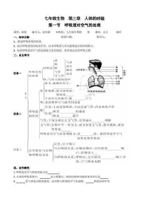 人教版生物七年级下册第三章第一节呼吸道对空气的处理导学案设计(无答案)