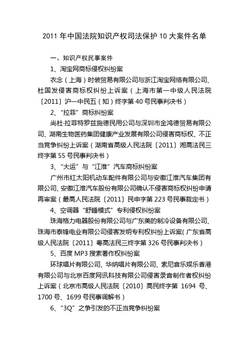 2011年中国法院知识产权司法保护10大案件名单