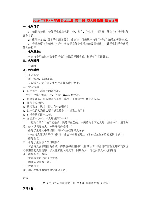 2019年(秋)六年级语文上册 第7课 望大陆教案 语文S版