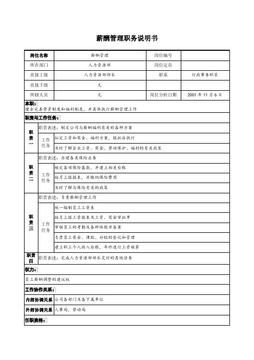 宝地建设集团人力资源部薪酬管理职务说明书.doc