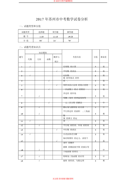 精编苏州市中考数学试卷分析