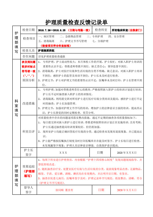 护理质量检查反馈记录单(模板)