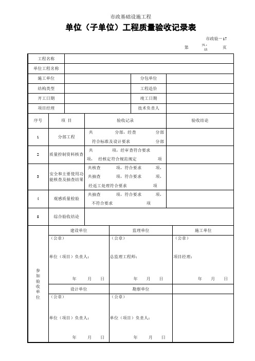 单位(子单位)工程质量竣工验收记录