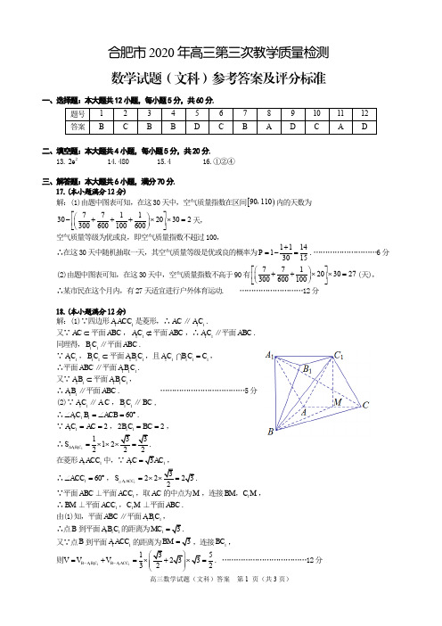 2020年合肥市第三次高考模拟考试数学文答案