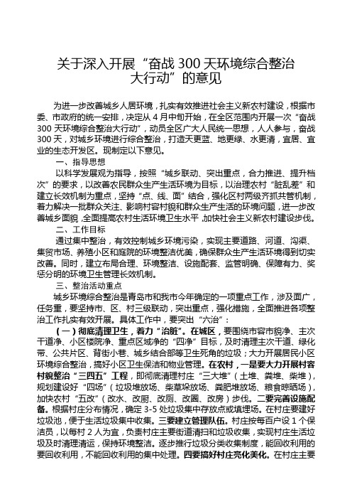 关于深入开展“奋战300天环境综合整治大行动”的意见