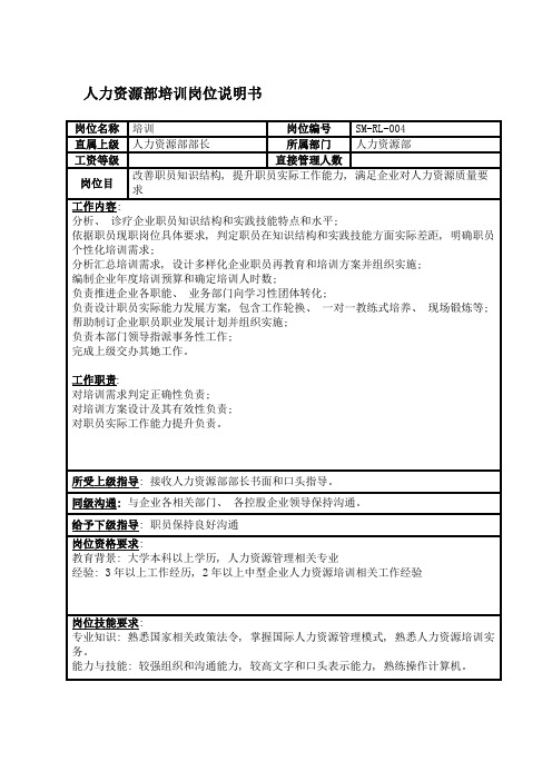 人力资源部培训岗位说明书