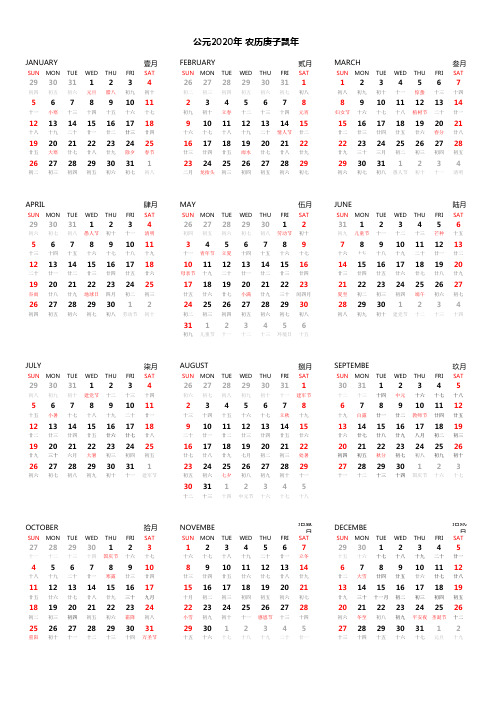 2020年日历(大字体A4打印)