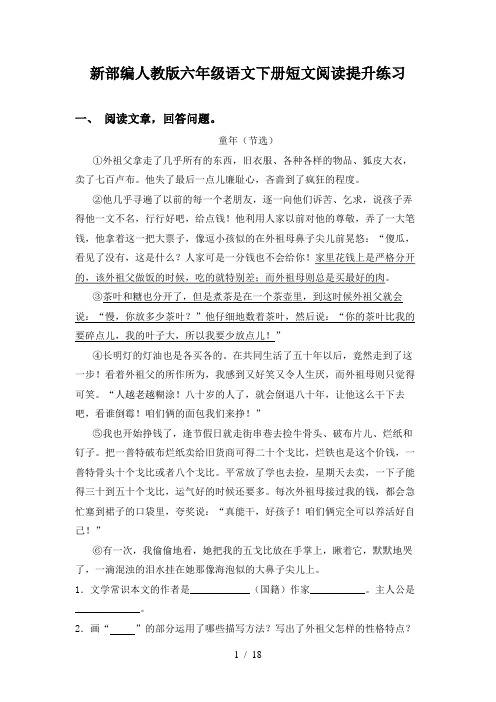 新部编人教版六年级语文下册短文阅读提升练习