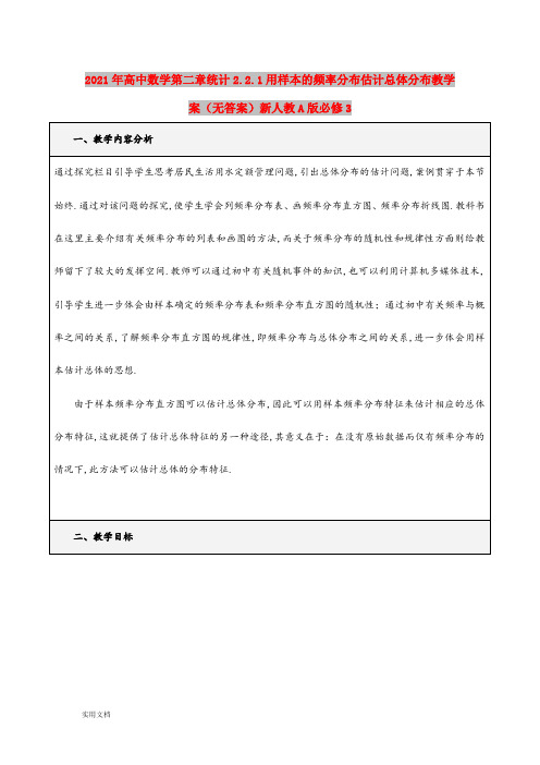 2021-2022年高中数学第二章统计2.2.1用样本的频率分布估计总体分布教学案(无答案)新人教A