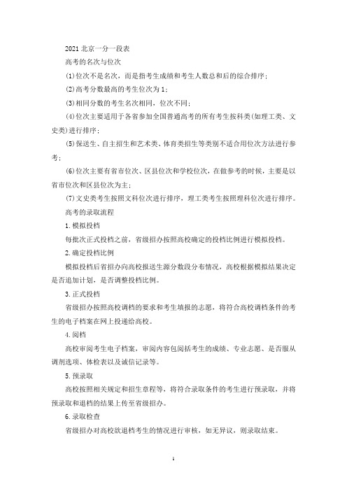 精选北京一分一段表