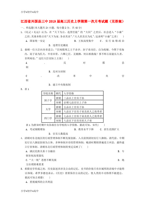 教育最新K12江西省兴国县三中2019届高三历史上学期第一次月考试题(无答案)