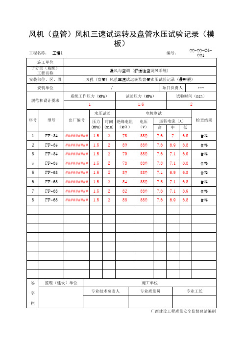 风机(盘管)风机三速试运转及盘管水压试验记录(模板)