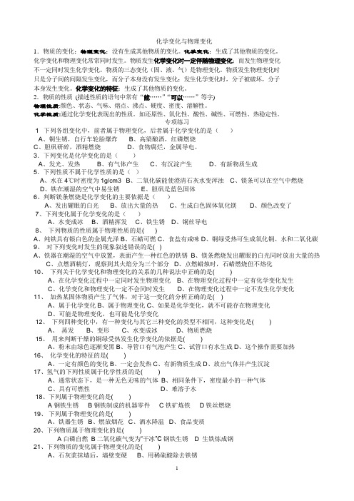物理变化和化学变化专项练习