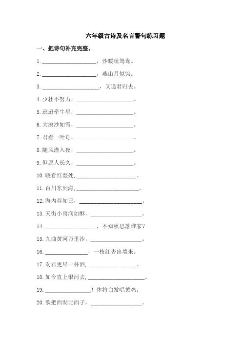 部编版六年级语文下册古诗及名言警句练习题