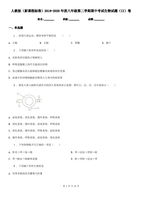 人教版(新课程标准)2019-2020年度八年级第二学期期中考试生物试题(II)卷