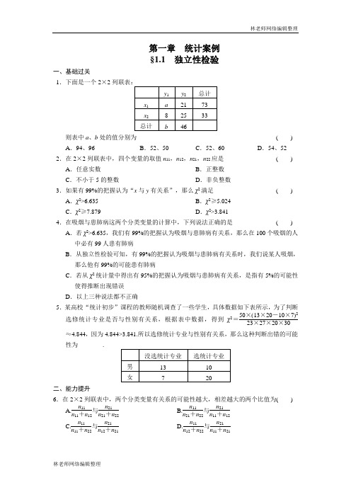 高二数学人教选修1-2同步练习：1.1 独立性检验 Word版含解析