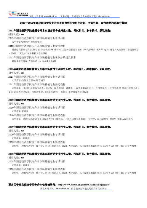 2007--2012年湖北经济学院专升本市场营销专业招生计划、考试科目、参考教材和录取分数线